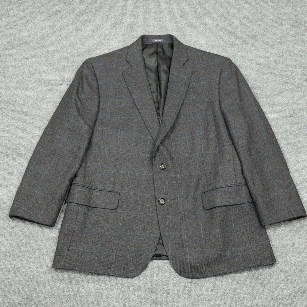 Stafford Sport Coat Mens 44 Short Grey Merino Wool Classic Fit Windowpane Plaid